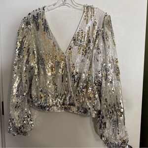 Silver Sequin Wrap Blouse with Long Sleeves